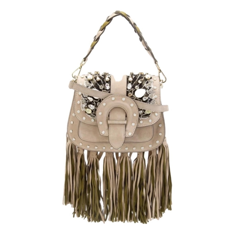 Gedebe Italy  Fringe Shoulder Bag in Beige and Olive